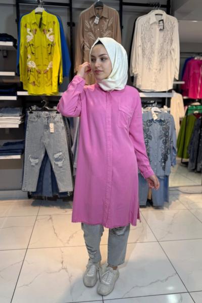 Uzun Boy Tensel Gömlek Pembe