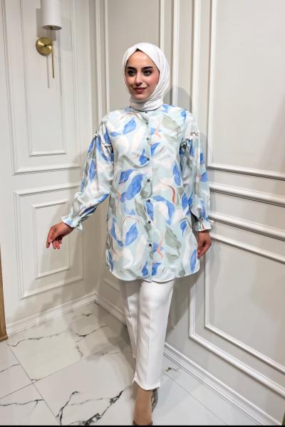 Mihra Gömlek Turkuaz Beyaz