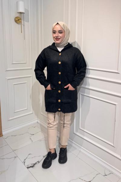 Angora Kapşonlu Hırka Siyah