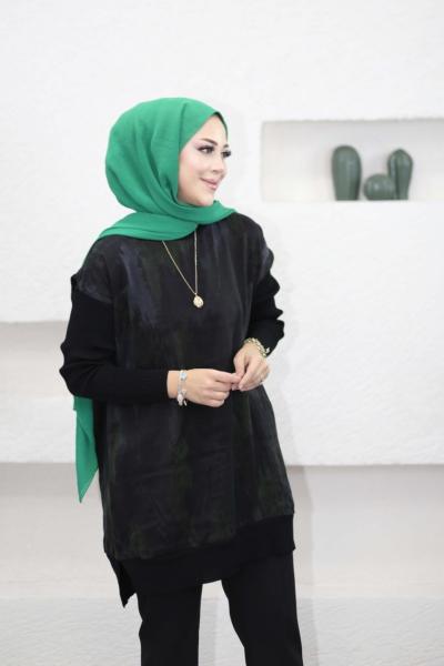 Triko Kollu Desenli Kupra Tunik Siyah