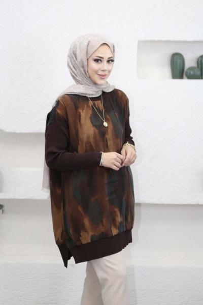 Triko Kollu Desenli Kupra Tunik Kahverengi