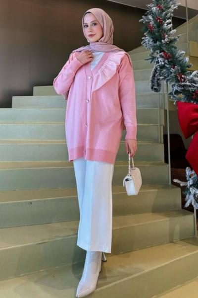 Merserize Fırfırlı Hırka Pembe