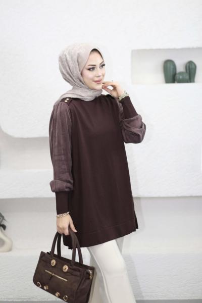 Düğme Detaylı Kupra Tunik Kahverengi