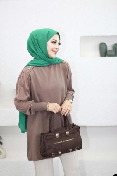 Düğme Detaylı Kupra Tunik Vizon