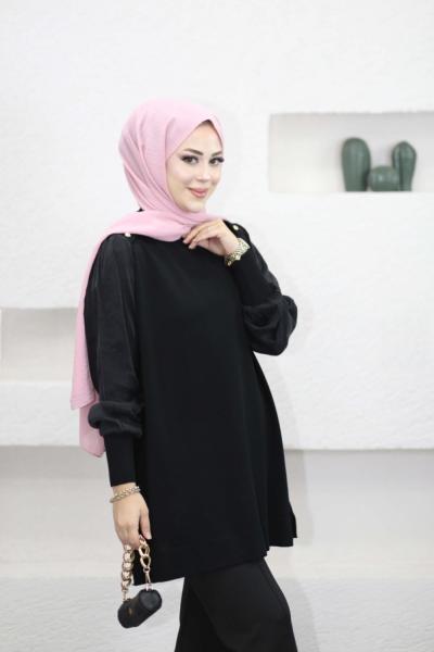 Düğme Detaylı Kupra Tunik Siyah