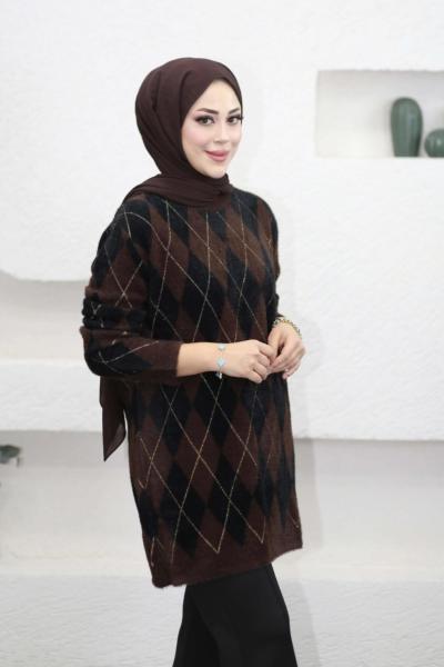 Simli Baklava Desen Kazak Kahverengi