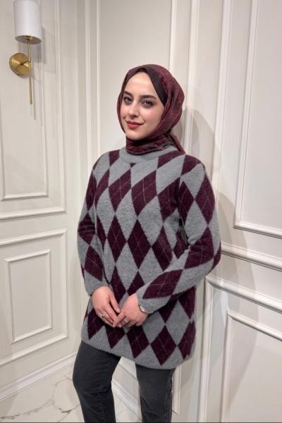 Simli Baklava Desen Kazak Gri