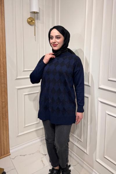 Baklava Desen Simli Triko Lacivert