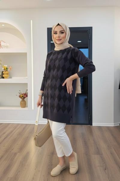 Baklava Desen Simli Triko Gri