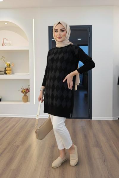 Baklava Desen Simli Triko Siyah