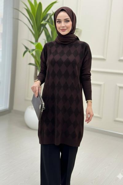 Baklava Desen Simli Triko Kahverengi