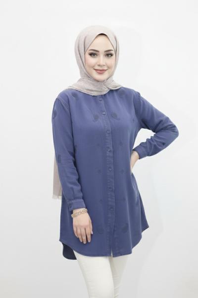 Etnik Desen Tensel Gömlek Mavi