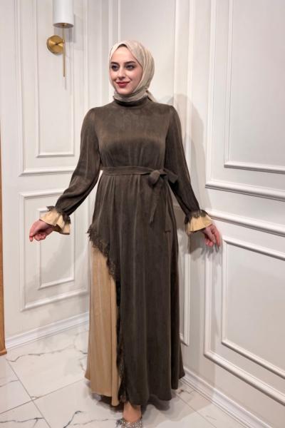 Dantel Detaylı İpek Kupra Elbise Kahverengi