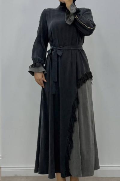 Dantel Detaylı İpek Kupra Elbise Siyah