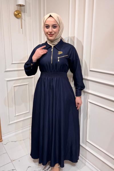 Broşlu Kot Elbise Lacivert