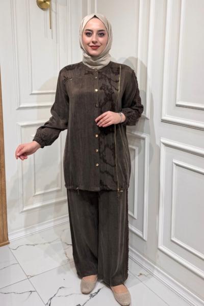 Fermuar Detayli İpek Kupra Takım Kahverengi