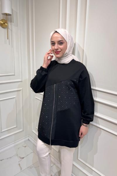 Fermuar Detaylı Tunik Siyah