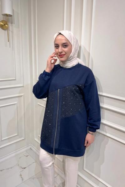 Fermuar Detaylı Tunik Lacivert
