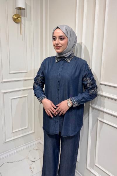 Taş Detaylı Tasarım Gömlek Mavi