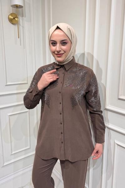 İşlemeli Modal Gömlek Kahverengi