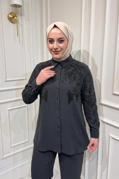 İşlemeli Modal Gömlek Siyah