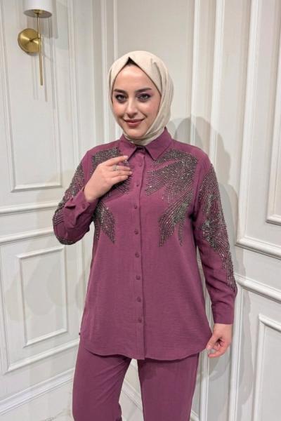 İşlemeli Modal Gömlek Mürdüm