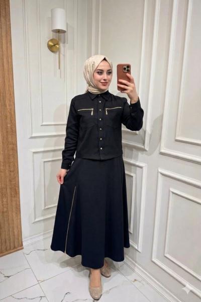 Fermuar Detaylı Etekli Takım Siyah