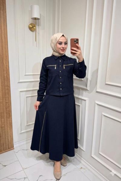 Fermuar Detaylı Etekli Takım Lacivert