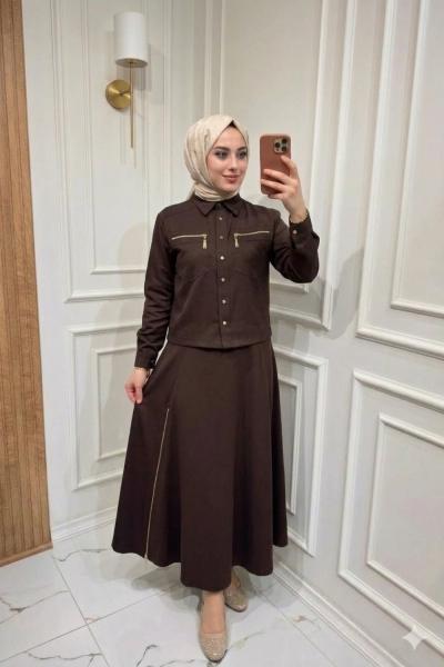 Fermuar Detaylı Etekli Takım Kahverengi