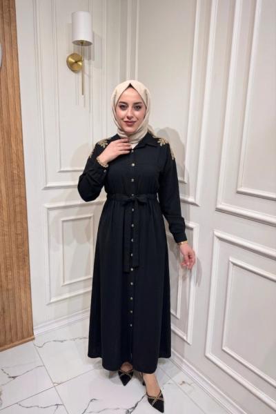 Omzu Nakışlı Elbise Siyah