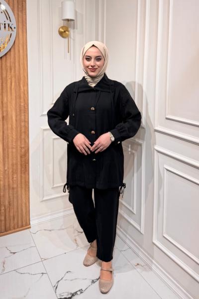 Düğme Detaylı Takım Siyah