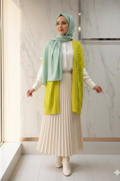 Kazayağı Desenli Merserize Hırka Yağ Yeşili