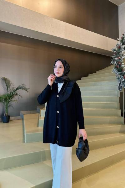 Merserize Fırfırlı Hırka Siyah