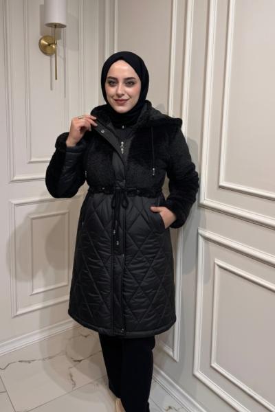 Peluşlu Mont Siyah